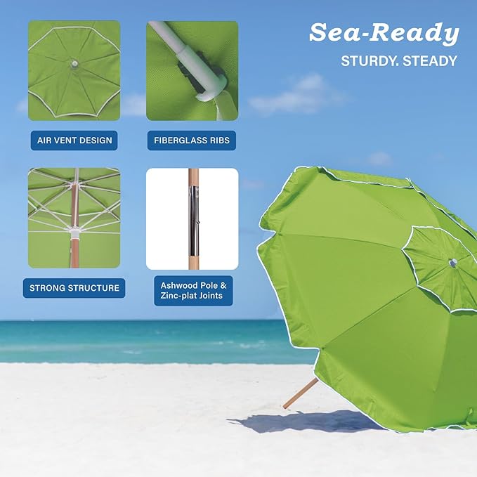 AMMSUN 7.5ft Heavy Duty High Wind Beach Umbrella Commercial Grade with Air Vent Ash Wood Pole & Carry Bag UPF 50+ Sun Protection for Patio Garden Pool Backyard Olive Green