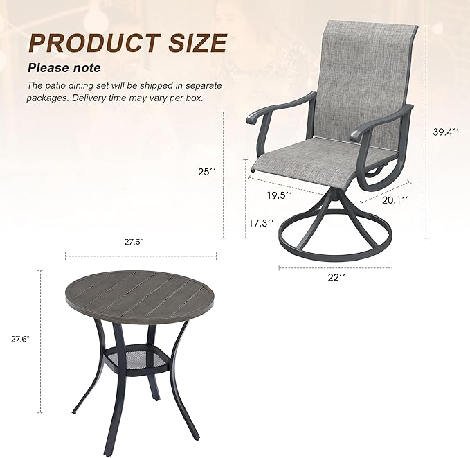VICLLAX Patio 3 Pieces Outdoor Bistro Dining Set,Wrought Iron Metal Outdoor Table and Chairs Set,27.6" Round Table and 2 Swivel Textilene Chairs for Lawn,Garden,Porch,Grey