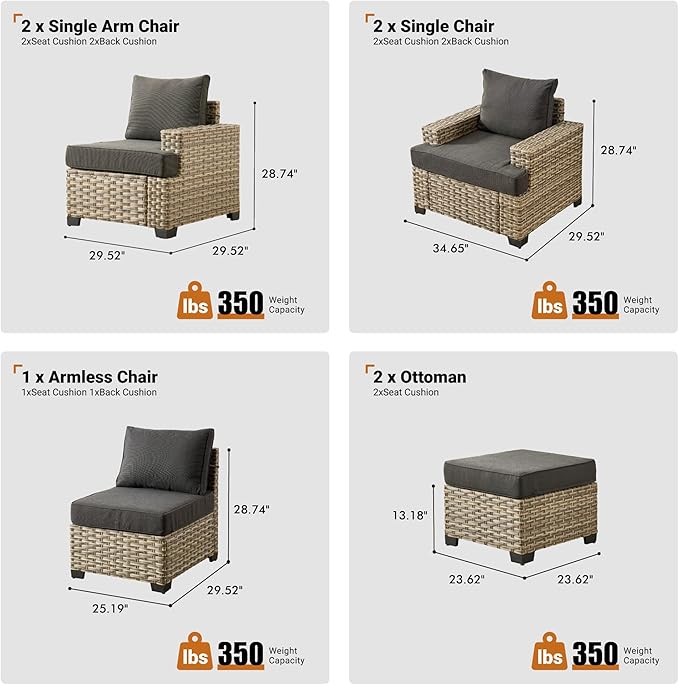 ovios 7 Piece Patio Sectional Furniture, Rattan Wicker Coversation Couch Set, Outdoor Sofa Set for Outside Porch Balcony Backyard Pool,Black