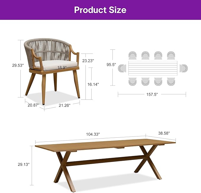 PURPLE LEAF Outdoor Dining Set for 10 with Waterproof Furniture Cover All Weather Patio Dining Set with Rectangular Aluminum Table and Wicker Dining Chairs for Garden Deck Backyard Kitchen, Teak