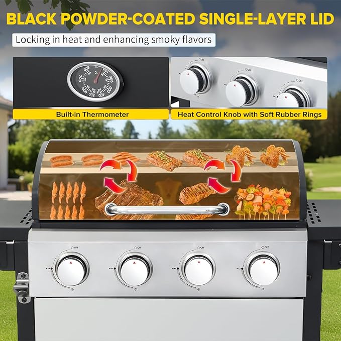 CIG GARDEN 4-Burner Propane Gas Grill, 42,000 BTU Stainless Steel BBQ with Foldable Side Tables, Outdoor Grill for Patio, Garden, Backyard & Camping