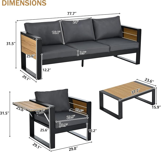 Merax Large 4-Piece Outdoor Patio Furniture Set for 5 Person, 3-Seater Sofa, 2 Armchairs with Fold-Out Side Tables, Aluminum Frame & Plastic-Wood, Modern Garden/Patio Seating, Grey Cushions