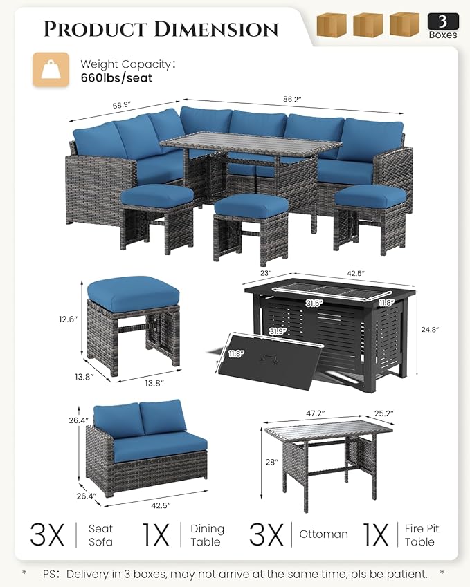 U-MAX 7 Pieces Patio Furniture Set with 43" Fire Pit Table, Outdoor Sectional Sofa Conversation Set, All Weather Wicker Rattan Dining Table & Chair with Ottoman, Grey Rattan&Dark Blue Cushion