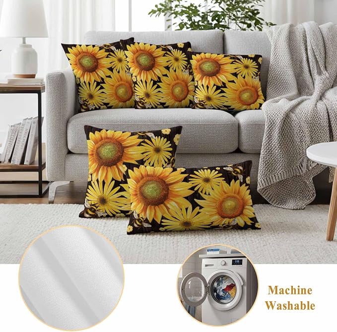 Outdoor Throw Pillow Covers,Yellow Sunflower Daisy Flower Waterproof Decorative Pillowcases Cushion Cover Spring Rustic Floral Bee Black Pillow Cases for Patio Couch Sofa Bed,16x16in Set of 2