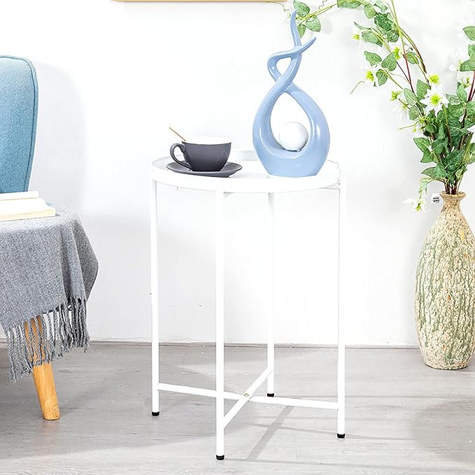 Tray Metal Round End Table Folding Small Side Table Outdoor & Indoor Coffee Table for Small Spaces Bedroom Patio,White