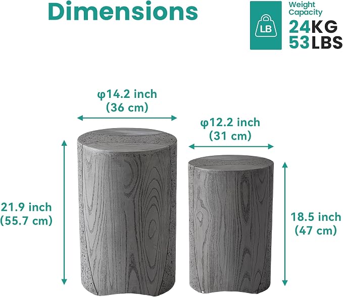 SUNBURY Outdoor Side Table, Set of 2 Round Concrete Side Table Nesting for Patio, Outdoor Decorative Accent End Table in Wooden Pattern, Ceramic Garden Stool for Yard, Pool, Grey