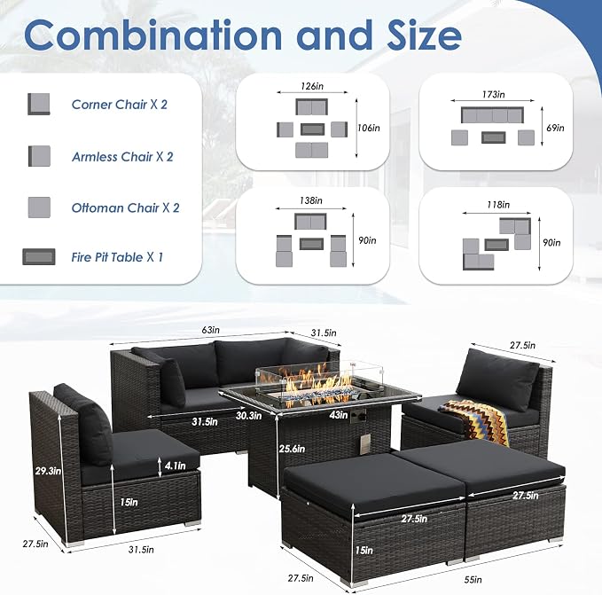 RADIATA 7Pcs Outdoor Patio Furniture Set with Fire Pit, Modern Comfortable Outside Sectional Couch High Back Oversized Wide Deep 6-Seats, Modular All-Weather Heavy Duty Wicker Sofa Set, Grey&Black