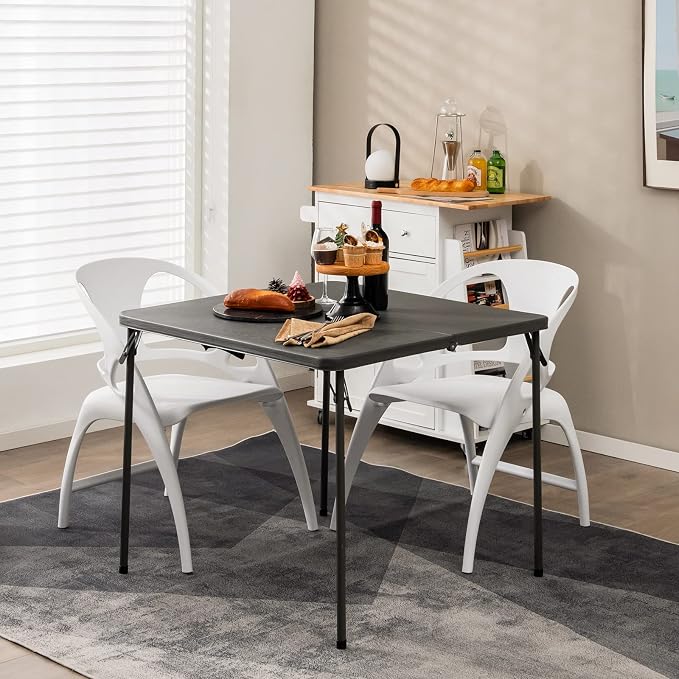 MEDIMALL Outdoor Folding Table, Fold-in-Half Utility HDPE Foldable Table with Metal Legs, Handle, Square Indoor Outdoor Collapsible Dining Table for Camping, Picnic, Party (Grey)
