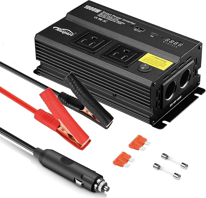 1000W Power Inverter for Car, 12V DC to 110V AC Converter with 3.0A USB Type-C Outlets, 12 Volt Car Cigarette Lighter Battery Inverter for Vehicles