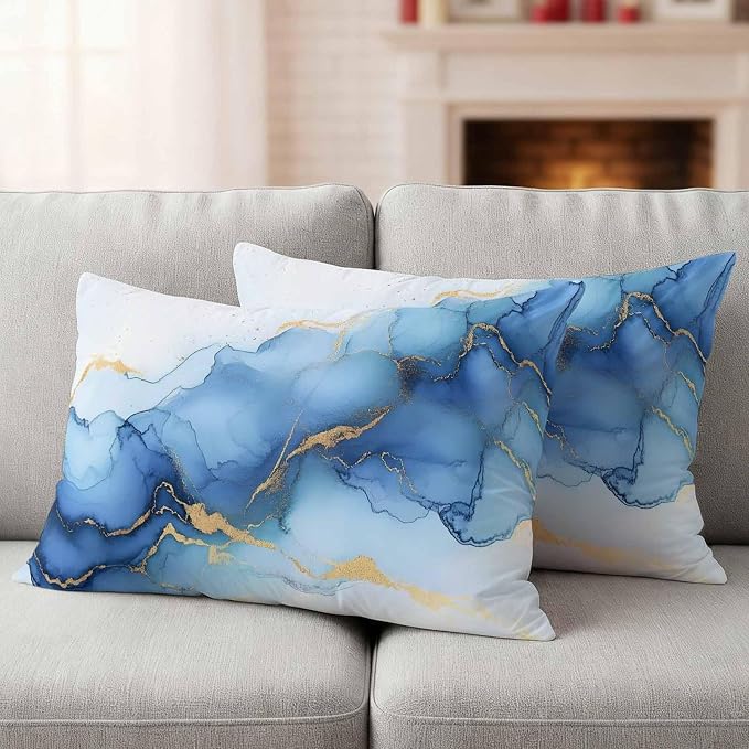 Abstract Marble Texture Outdoor Waterproof Throw Pillow Covers Set of 2, 20"x12", Gold Blue Gradient Modern Art Decoration Decorative Pillow Covers Outside Cushion Case for Patio Porch Garden