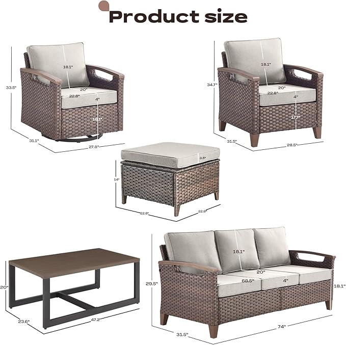 Rilyson Wicker Outdoor Patio Furniture Set - 8 Piece Patio Conversation Sets with Swivel Rocker Chairs, Chairs, Ottomans, Sofa and Coffee Table, Thick Cushions, for Porch Deck Brown/Beige