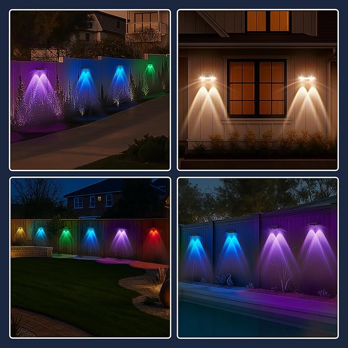 Solar Fence Lights Outdoor 8 Pack – IP65 Waterproof Wireless Solar Deck Lights with 9 Color Modes, 80 Lumen Bright LED for Fence, Backyard, Patio, Pool, Wall – 12+ Hour Runtime, No Wiring