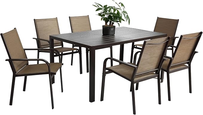 GDFStudio 7-Piece Patio Dining Set, Outdoor Table with 6 Stackable Chairs, Rectangular Metal Dining Table, Breathable Textilene Seating for Backyard, Deck, Garden & Outdoor Entertaining, Brown