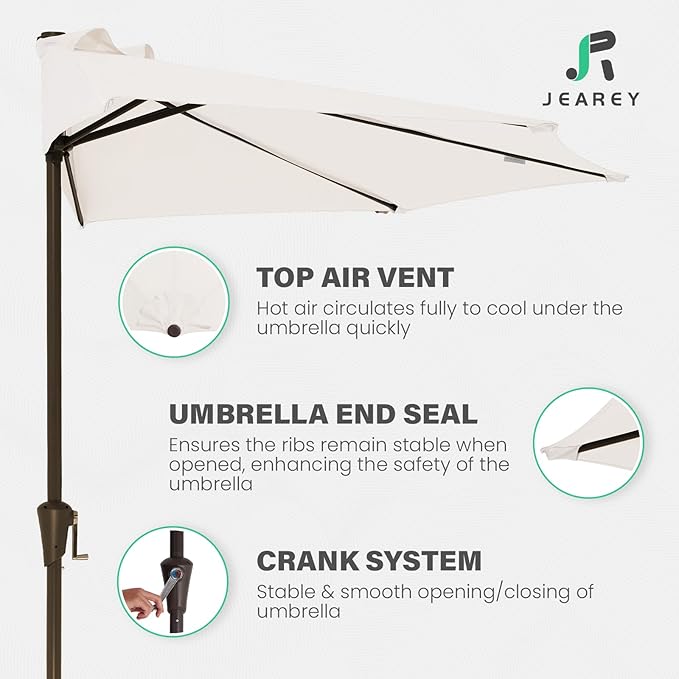 JEAREY 9ft Half Umbrella Outdoor Patio Umbrella Market Umbrellas with Crank, 1/2 Round Wall Umbrella 5 Sturdy Ribs UV Protection for Pool Garden Balcony Deck, Cream White