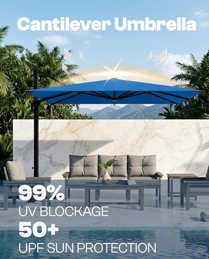 10'×10' Patio Umbrella, Aluminum Cantilever Umbrella with 360°Rotation, Offset Patio Umbrella with Easy Tilt Fade Resistance for Pool Deck Backyard, Royal Blue (Base not Included)