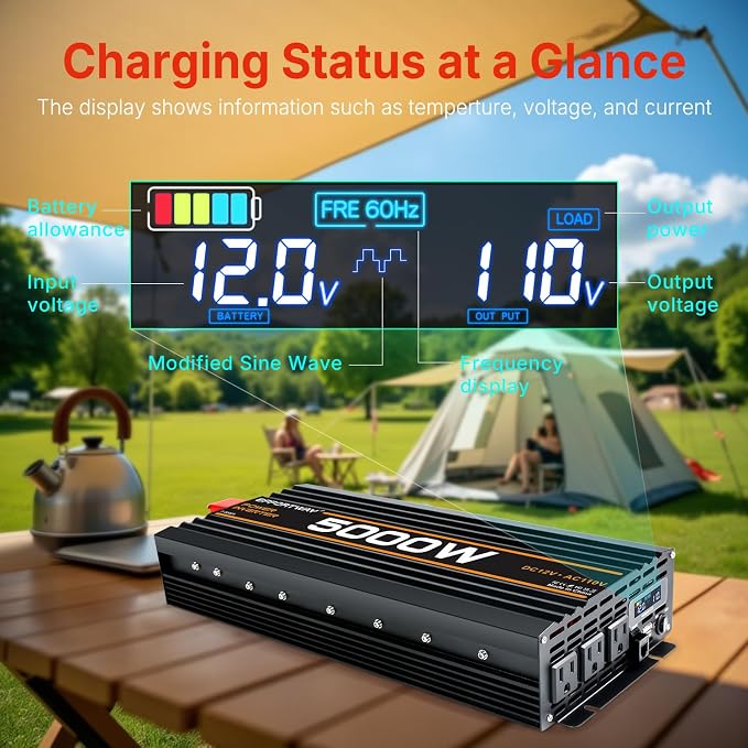 5000W Power Inverter, 12V DC to 110V/120V Modified Sine Wave Inverter with 3 AC Outlets, USB Port, Wired Remote Controller, Car Power Inverter for RV, Truck, Boat, Camping, Off-Grid
