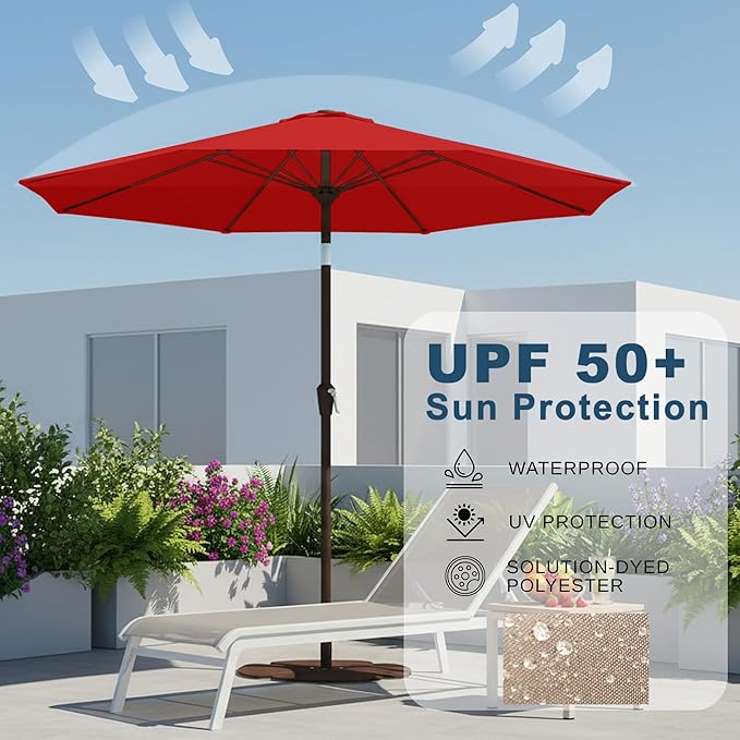 11FT Patio Umbrella, Outdoor Umbrella with with 8 Sturdy Fiberglass Ribs,Market Table Umbrella with Push Button Tilt and Crank,Suit for Backyard,Garden,Pool,Deck(Red)