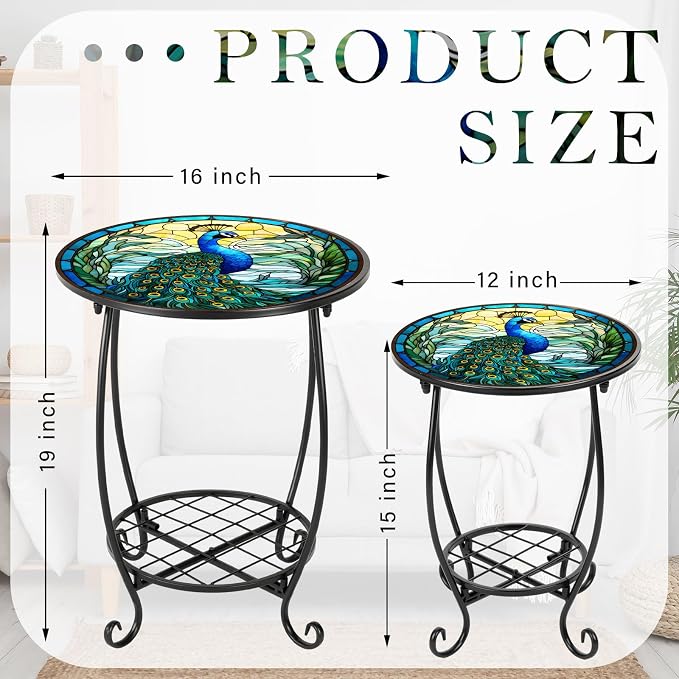 Cinnvoice 2 Pcs Outdoor Side Table Small Patio Round Mosaic Accent End Table Indoor Plant Metal Coffee Tea Tables for Patio Yard Porch Garden Living Room(12" and 16",Peacock Style)