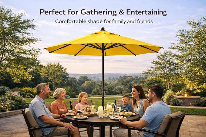 Treasure Garden Octagonal 9 ft Patio Umbrella - Outdoor Furniture Table Umbrella – Auto Tilt – Bronze Aluminum Frame (Obravia2, Lemon)
