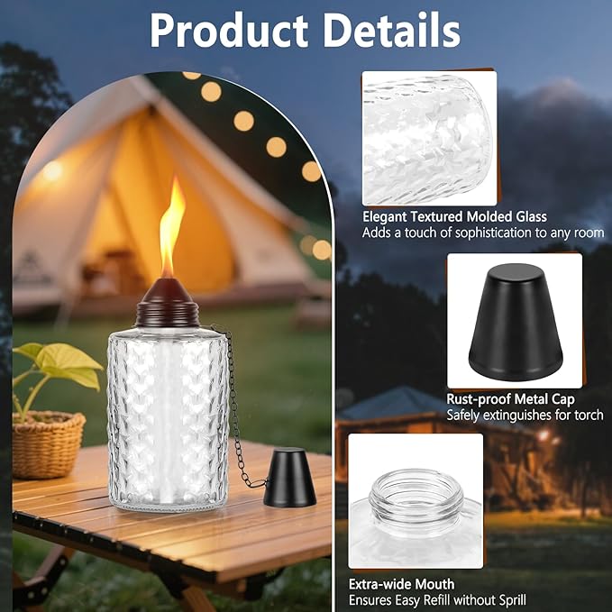 KintKita Glass Torches for Outside 4 Pack, 12oz Table Top Citronella Torch Outdoor Lighting, Refillable Tabletop Torch Includes Wick & Cap for Outside Patio & Backyard Parties Décor (White