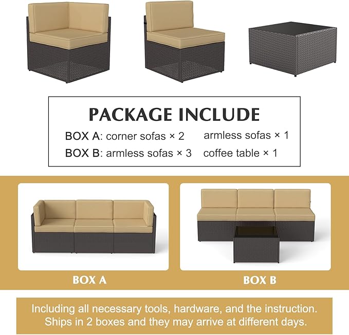 7-Piece Outdoor Patio Furniture Set, Patio Conversation Set, Patio Sectional Sofa Set with Coffee Table & Cushion for Backyard, Balcony, Garden, No-Slip, PE Wicker, Khaki/Brown