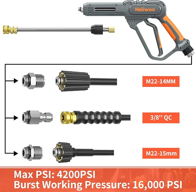 Pressure Washer Gun and Hose 3600 PSI, 50 FT Power Washer Hose, Extension Wand, 3/8" Swivel Quick Connector & M22-14mm Fitting, 30" Extension Wand & 7 Nozzle Tips