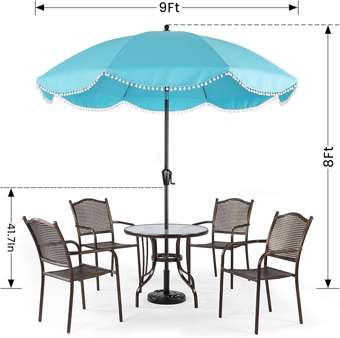Sun-Ray 9' Patio Umbrella with Aqua Copy and White Fringe Accents, Black Frame Market Umbrella for Patio, Deck, and Backyard