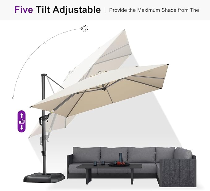 PURPLE LEAF 10'×10' Patio Umbrella with Base and Cover Outdoor Umbrella Large Cantilever Windproof Offset Heavy Duty Sun Umbrella for Garden Deck Pool Patio Beige