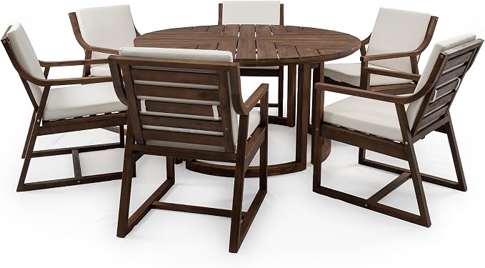 7-Piece Outdoor Dining Set, 59" Round Table with Umbrella Hole and 6 Padded Chairs, Rustic Patio Furniture Set for Garden Backyard Family Gatherings (Mocha-R1)