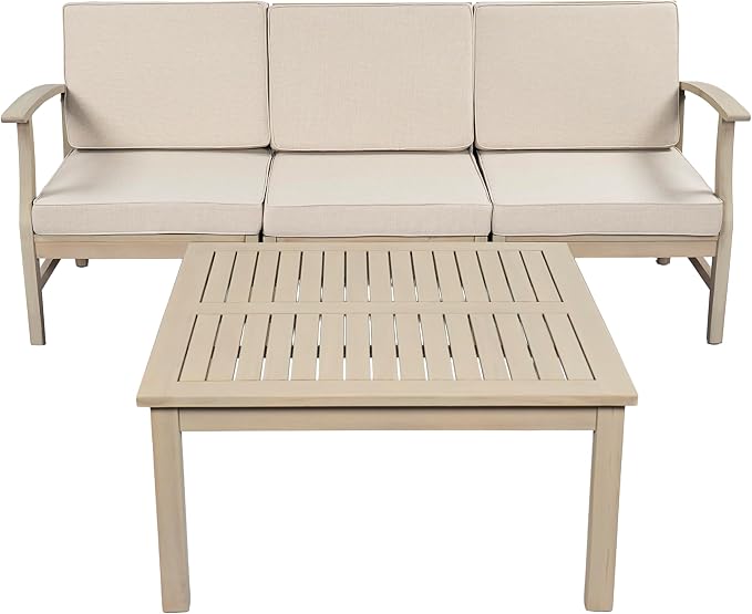Christopher Knight Home Jordan Acacia Wood Outdoor Patio Furniture Set, 3-Seater Patio Sofa and Slat Coffee Table, Modern Patio Lounge Sofa Set with Water-Repellent Cushions, Light White+Sand