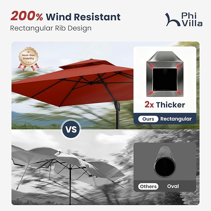 PHI VILLA 9' X 12' Cantilever Patio Umbrella with Base, Outdoor Large Rectangular Umbrellas with 360°Rotation, Heavy Duty Hydraulic Double Umbrella Windproof for Outside, Red