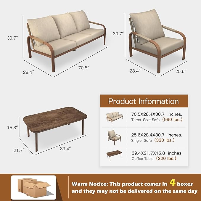 4-Piece Aluminum Outdoor Sofa Set – 3-Seat Sofa with Coffee Table, Rattan-Style Backrests, Patio Lounge Furniture for Garden, Balcony, and Porch (Beige)