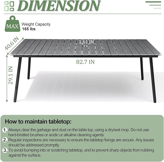 83" Patio Outdoor Dining Table for 6-8, Weather-Resistant Aluminum Frame with Wood-Grain Top & Umbrella Hole for Deck Gatherings, Grey