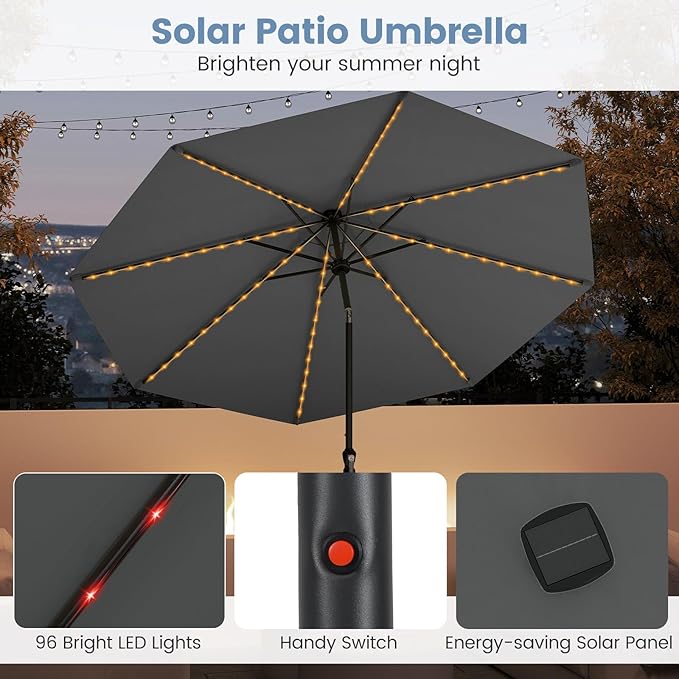 Tangkula 10 FT Solar Patio Umbrella, Outdoor Market Table Umbrella with 96 Multi-Colored Flowing LED Lights, 9 Modes, Tilt Adjustment, Crank Handle, 8 Ribs, Vented Top for Backyard Poolside Deck Lawn