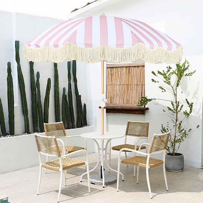 6ft Outdoor Boho Umbrella With Tassels Pink And White Striped Patio Umbrella UPF 50+ Protection Beach Umbrellas For Sand 8 Ribs Fringe Umbrella With Tilt Market Table Umbrella for Pool Backyard