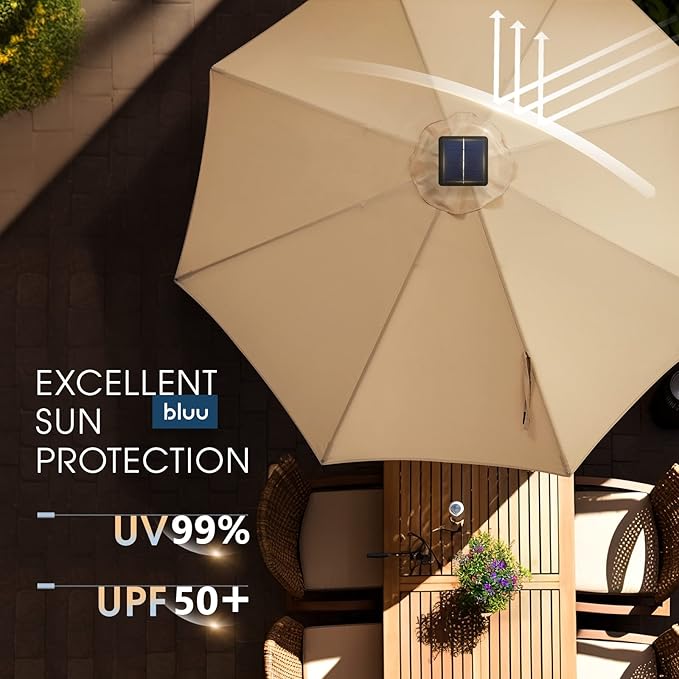 BLUU 9 Ft Patio Umbrella with Solar LED Lights, 5-Year Fade-Resistant Aluminum Outdoor Table Umbrella with Tilt Adjustment and Crank for Pool, Deck, Garden and Lawn, Beige