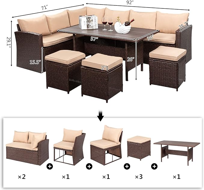 VINGLI 8 Pieces Outdoor Patio Furniture Set with Dining Table&Chairs, Wicker Patio Dining Set for 8, All Weather Outdoor Sectional Sofa Conversation Set with Ottoman