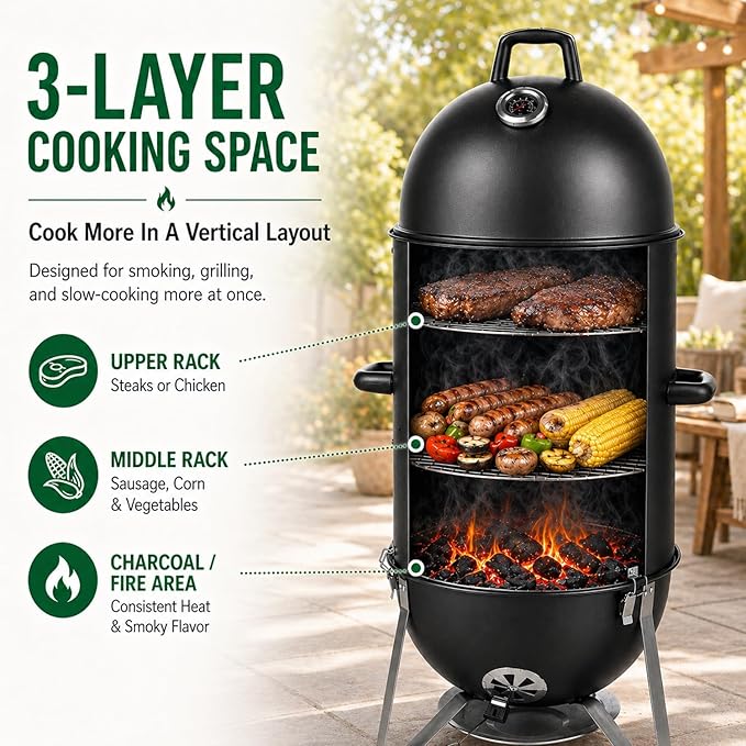 19 Inch Charcoal Smoker for Meat, Bullet Smoker, Vertical Smoker Grill for Backyard and Patio BBQ | 3-Layer Cooking Space with Built-In Thermometer and Dual Air Vents | Front Access Door and Ash Tray