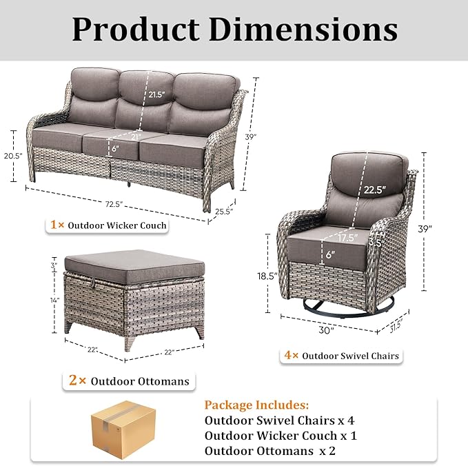 Luxury High Back Patio Furniture Set with 6-Inch Thick Cushions, 7-Pieces Outdoor Furniture with Swivel Chairs, Wicker Conversation Set for Porch, Balcony, Deck and Yard, Grey