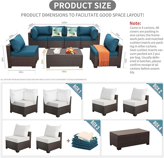 Patio Sectional Sofa Set 7 Pieces Outdoor Wicker Furniture Couch Patio Storage Table with Thicken(5") Non-Slip Cushions Furniture Cover, Peacock Blue
