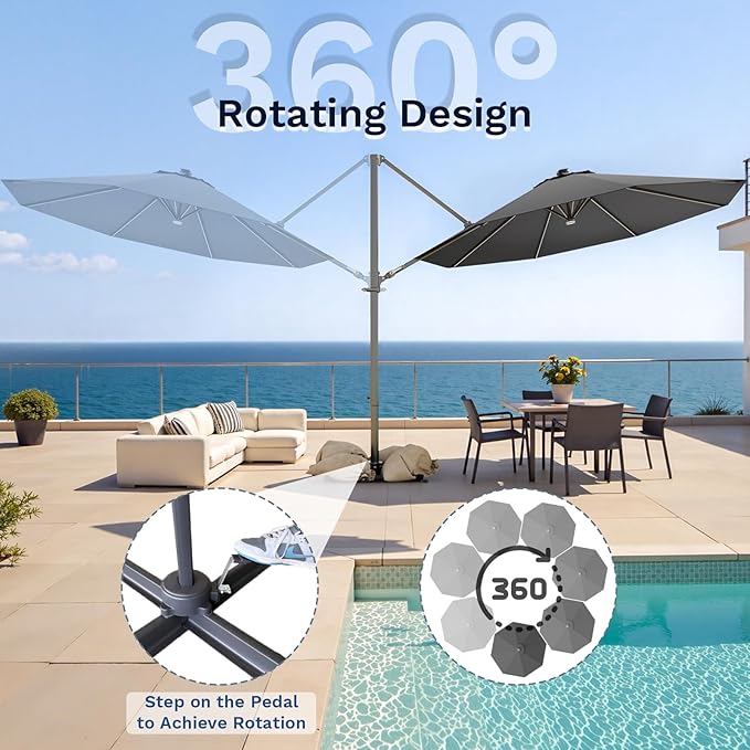 Devoko 10ft Solar LED Patio Umbrella, Round Cantilever Outdoor Umbrella with Solar Lights and 360-Degree Rotation, Large Hanging Offset Market Umbrella with Easy Tilt for Patio Deck Garden,Gray