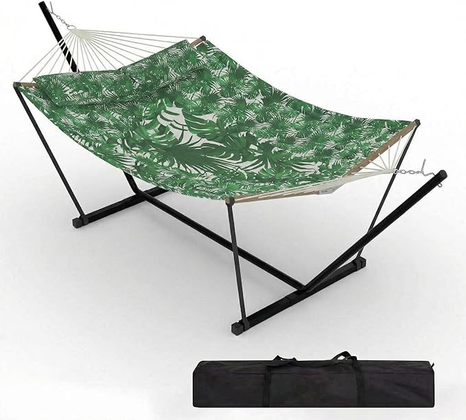 2-Person Hammock with Stand, 450lbs Capacity, Padded Polyester, Heavy-Duty Steel Frame, Portable Carry Bag for Patio, Backyard & Poolside