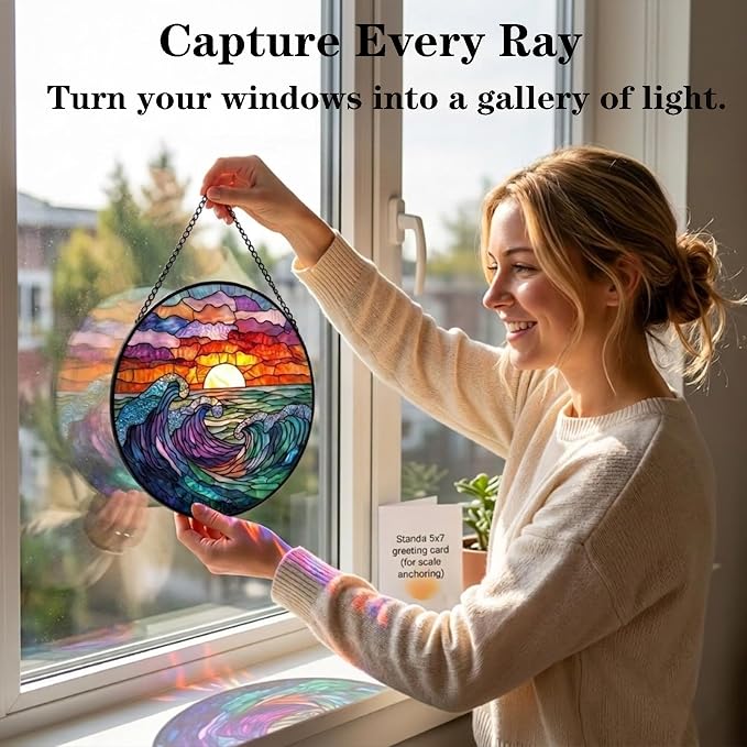 Beach Gifts for Mom - Sunrise Waves Faux Stained Glass Window Hanging Sun Catcher for Door Garden Acrylic Decor Mother's Day Birthday Stocking Stuffer Gift for Women Nana Friend Men Grandma 11.8"