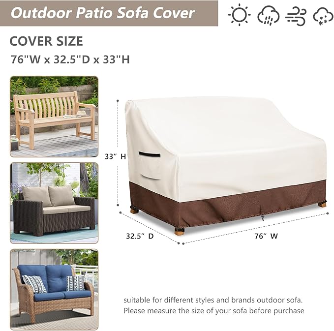 Waterproof Patio Sofa Cover, Heavy Duty 3-Seater Outdoor Couch Cover Size Up to 76W x 32.5D x 33H Inches, Lawn Patio Furniture Covers with Air Vent (Beige)