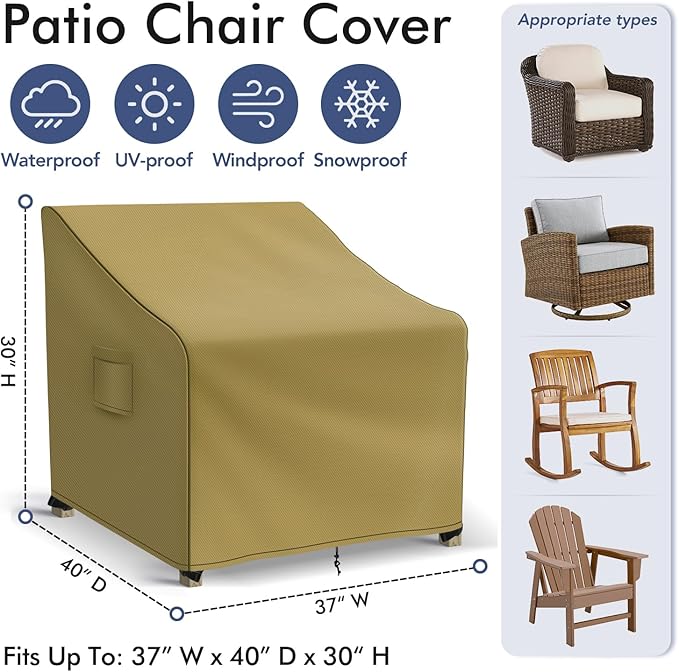 Richwon Patio Furniture Covers Waterproof for Chairs, Lawn Outdoor Chair Covers 2 Pack, Patio Chair Covers for Outdoor Furniture Fits up to 37W x 40D x 30H inches, Khaki