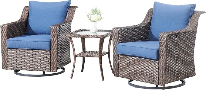 3-Piece Wicker Patio Furniture Set - All-Weather Wicker Swivel Patio Chairs with Side Table for Deck, Balcony, Poolside, Backyard - Brown/Blue