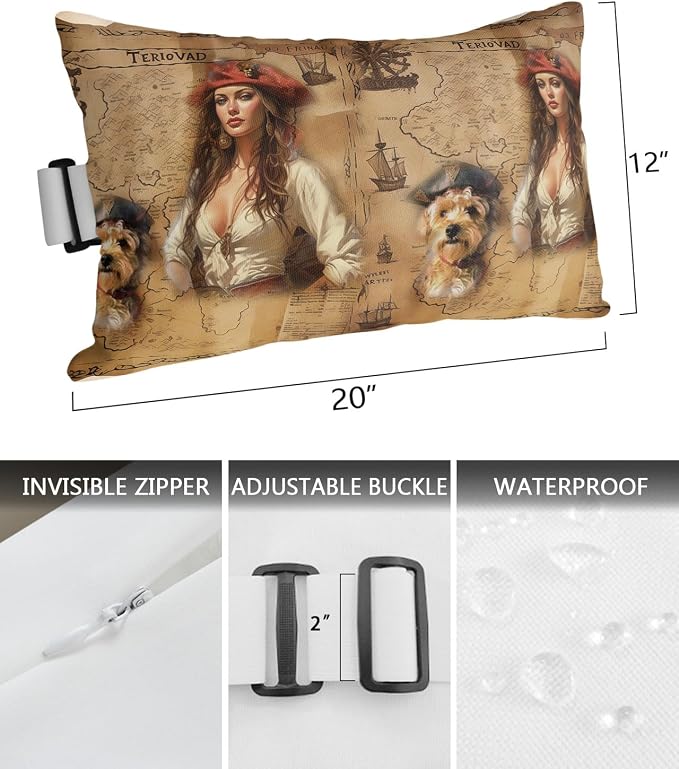 Outdoor Pillows Covers with Inserts Pirate Girl Cute Dog Treasure Map Waterproof Recliner Pillow with Adjustable Strap Throw Pillows for Patio Furniture Pool Lounge Chair, 12x20 inch, 2PCS