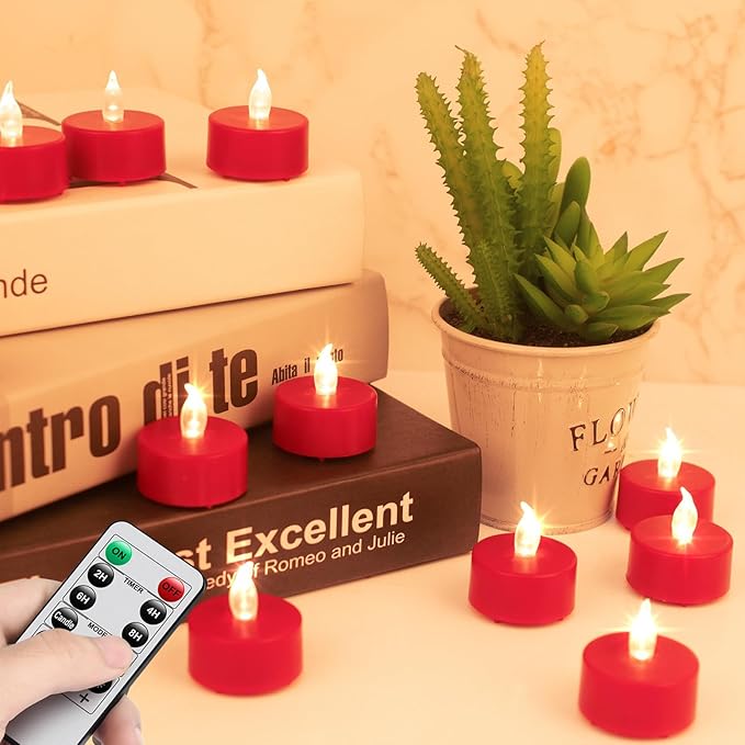 5pack Remote Control LED Tea Lights Battery Operated Flameless CandlesRealistic and Bright Flickering Long Lasting 400 Hours Electric Candles for Christmas Home Party Wedding Decor (Red)