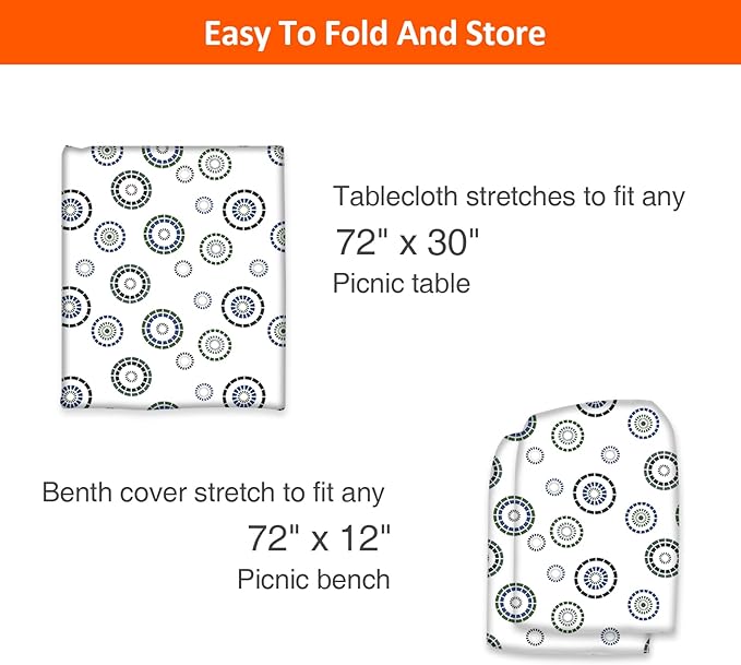 KENOBEE 6ft Picnic Table and Bench Cover, Camping Essentials RV Gear, 72 in Waterproof Windproof Outdoor Elastic All Around Tablecloth, Fitted Rectangle Tables and Seats, Blue Flywheel