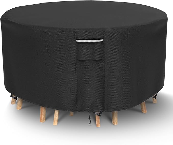 Round Patio Furniture Covers, 500D Heavy Duty Waterproof UV Resistant Cover for Round Outdoor Dining Table & Chairs,84" Dia x 28" H -Black
